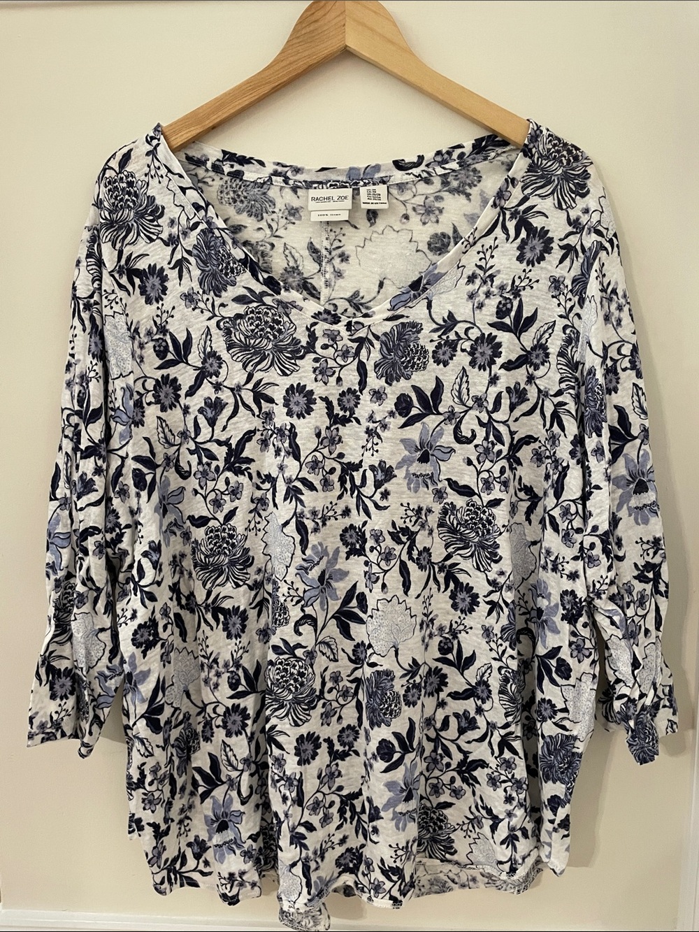 Linen Casual Floral V-Neck Women's Top - Blue & White